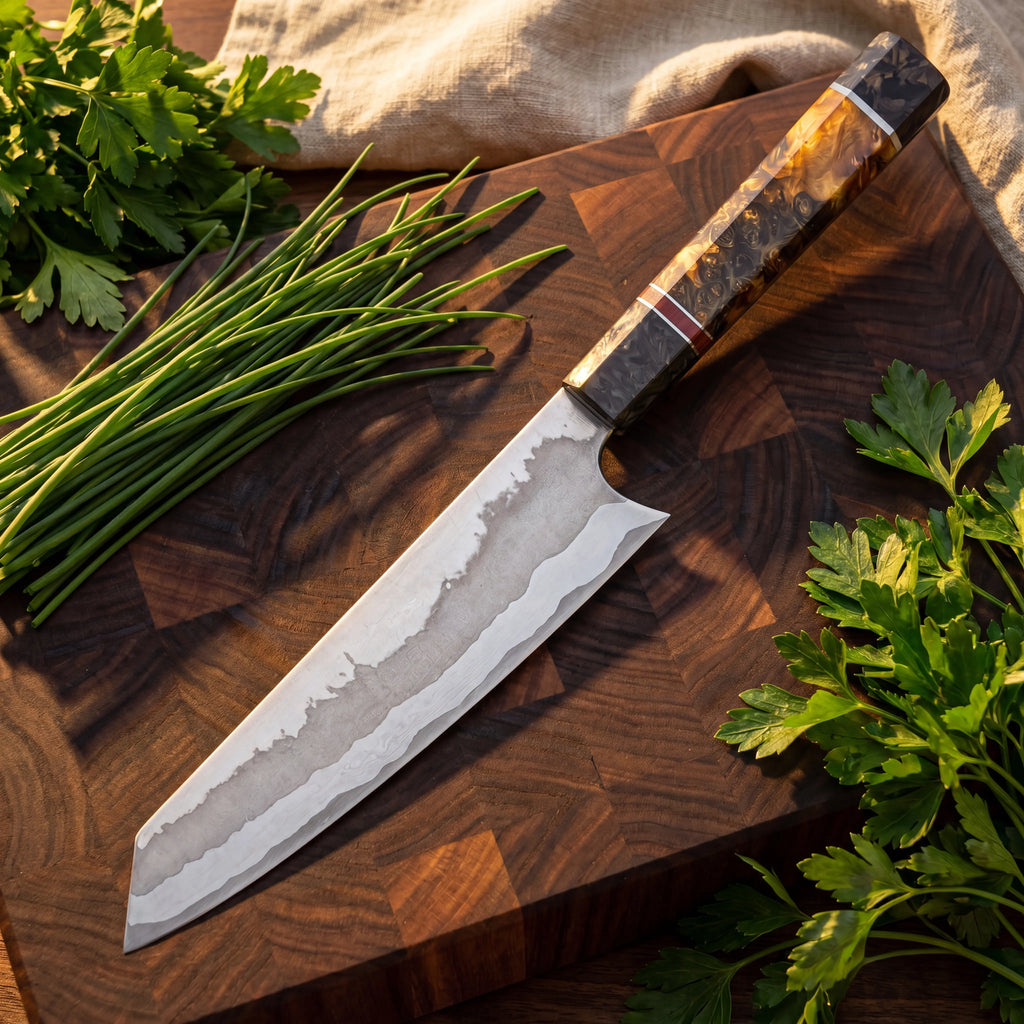 Kiritsuke Chef Knife —  Yellow and Black Resin Handle